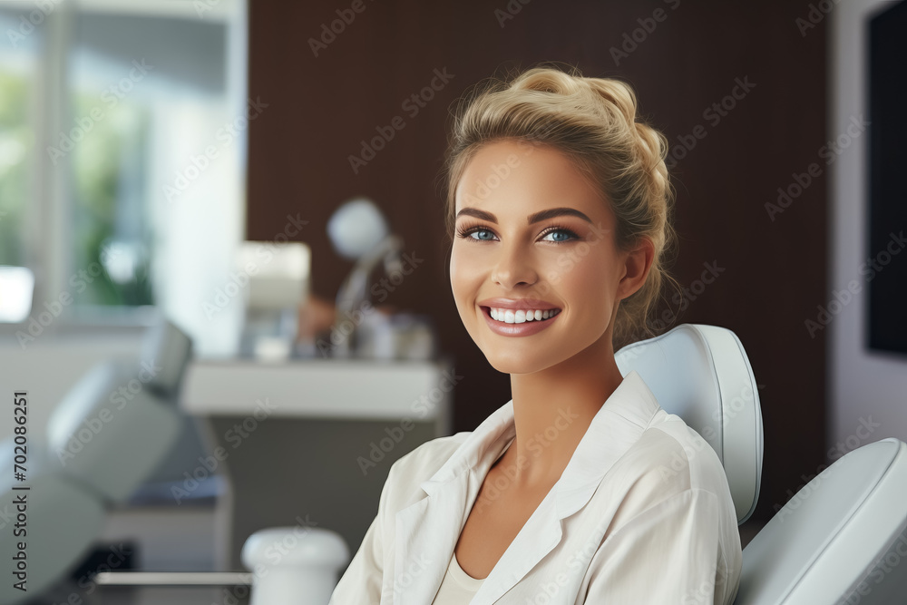 Young smiling woman sitting on chair at dentist office. Dental care, healthy teeth Young smiling woman sitting on chair at dentist office. Dental care, healthy teeth