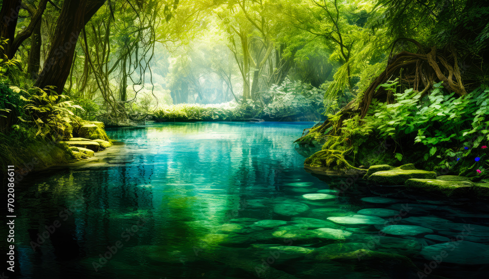 Fototapeta premium Tranquil scene green tree reflects in peaceful pond, nature beauty