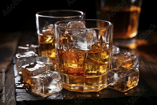 a group of glasses with ice and amber liquid