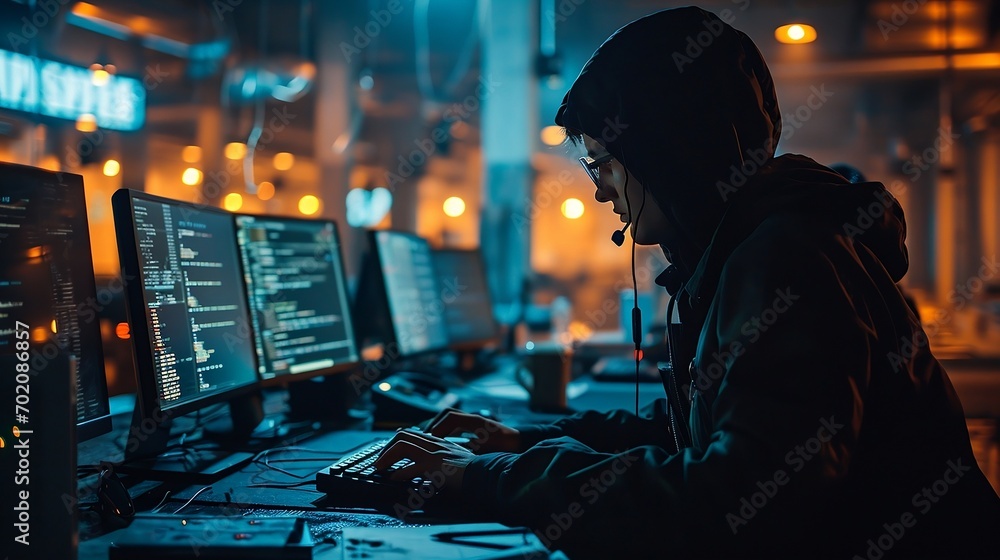 Programmer, hacker in black hoodie using computer. Programmer, hacker in black hoodie using computer.