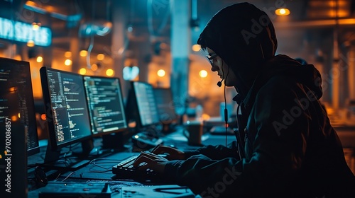 Programmer, hacker in black hoodie using computer.