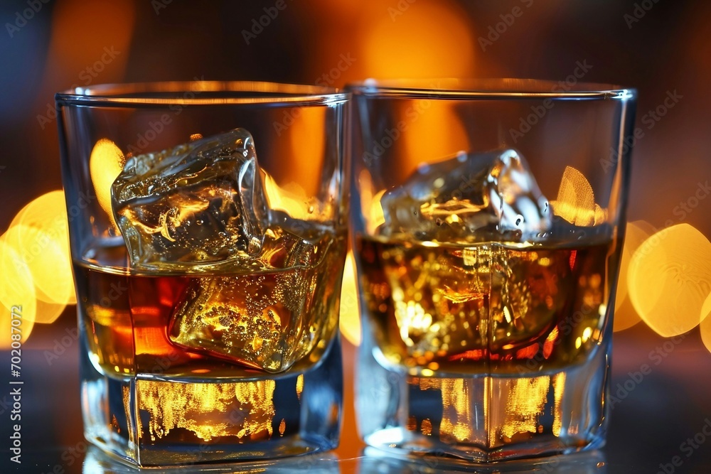 two glasses with ice and amber liquid