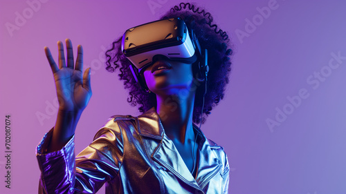 A woman experiencing virtual reality on a purple background.