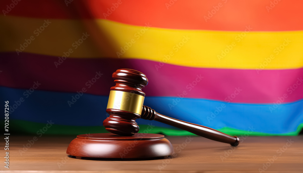 Judge's gavel on the background of the rainbow flag lgbt law ban