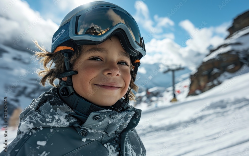 boy skier with Ski goggles and Ski helmet on the snow mountain boy skier with Ski goggles and Ski helmet on the snow mountain