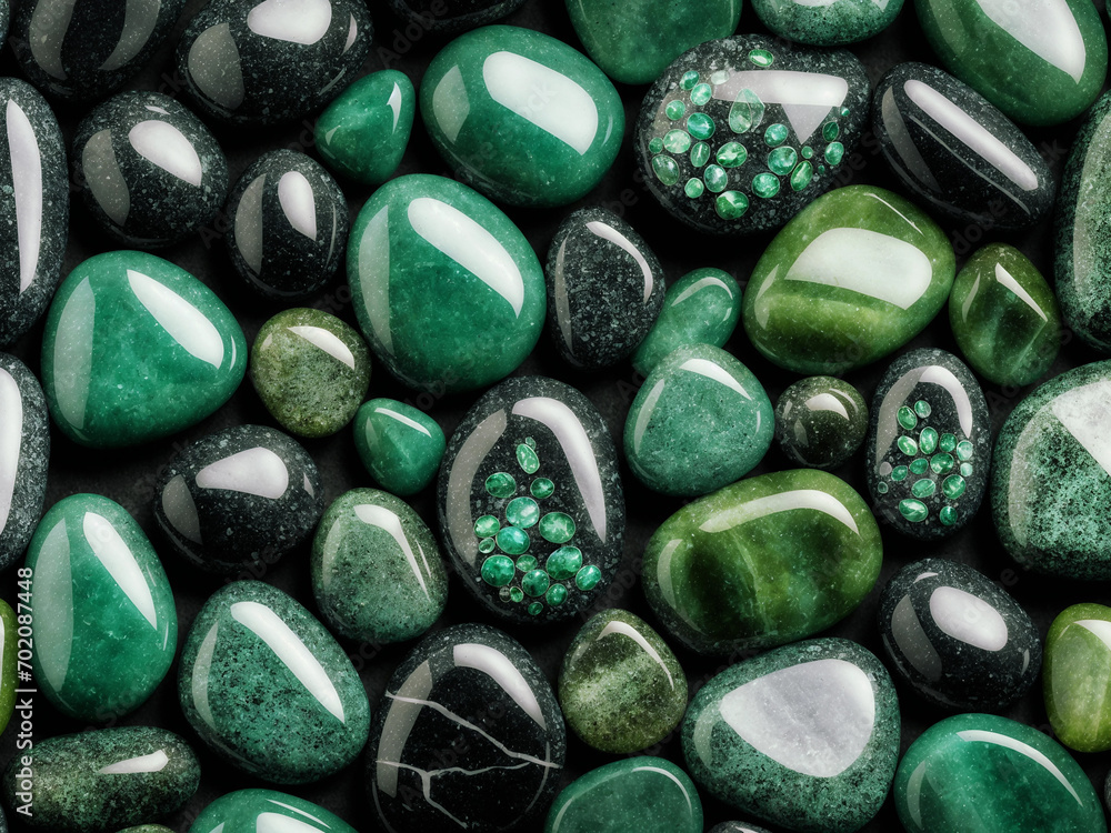 Beautiful illustration background of round black and green stones, top view. Generative AI. Beautiful illustration background of round black and green stones, top view. Generative AI.
