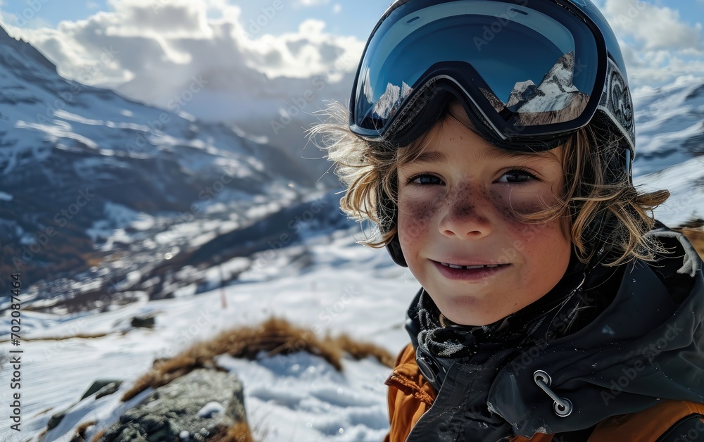 boy skier with Ski goggles and Ski helmet on the snow mountain boy skier with Ski goggles and Ski helmet on the snow mountain