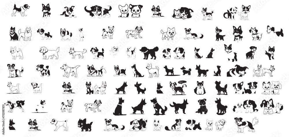 isolated black silhouette of a cute dog, collection icon set, vector
