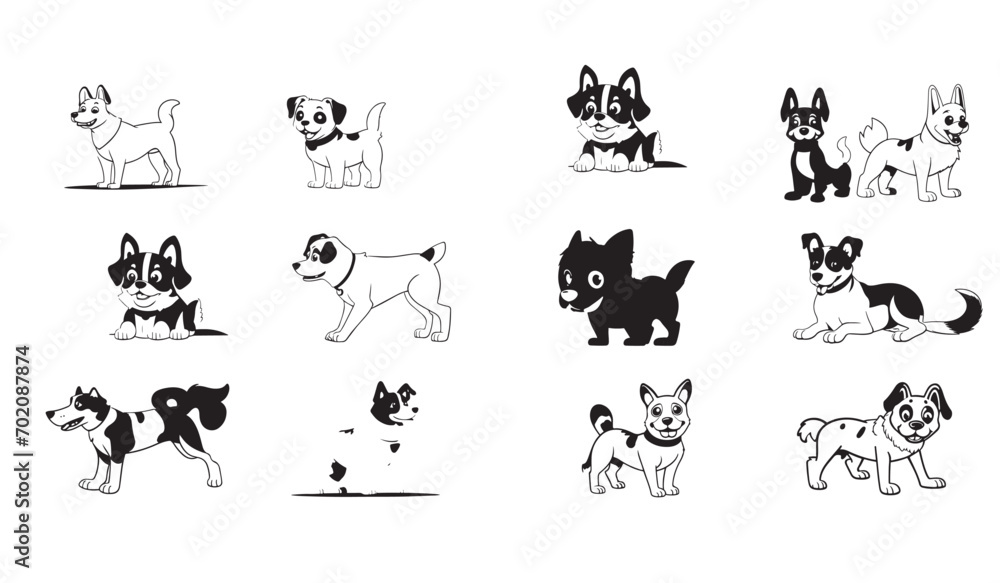 isolated black silhouette of a cute dog, collection set, vector