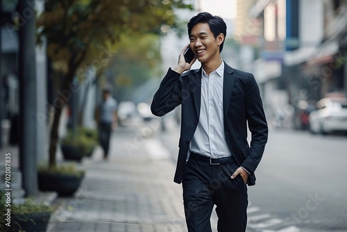 a man in a suit talking on a cell phone