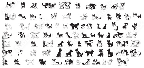 isolated black silhouette of a cute dog, collection icon set, vector