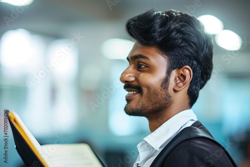 a man smiling while holding a book