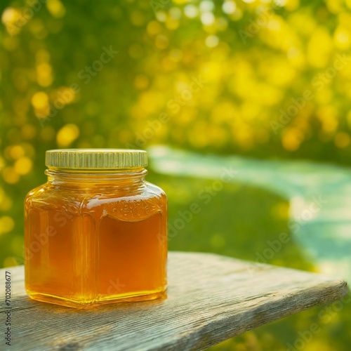 One jar of honey on wooden table against nature background.Generative AI.