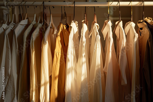 Close up of plain shirts hanging on built-in clothes racks with soft sun light, minimal fashion pastel t-shirts style concept.