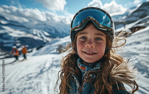little girl skier with Ski goggles and Ski helmet on the snow mountain © hakule