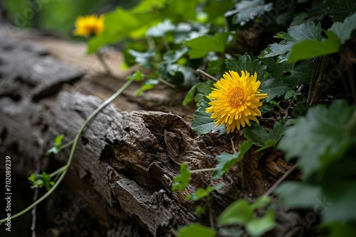 a yellow flower on a log photo