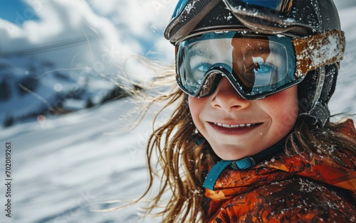 little girl skier with Ski goggles and Ski helmet on the snow mountain © hakule