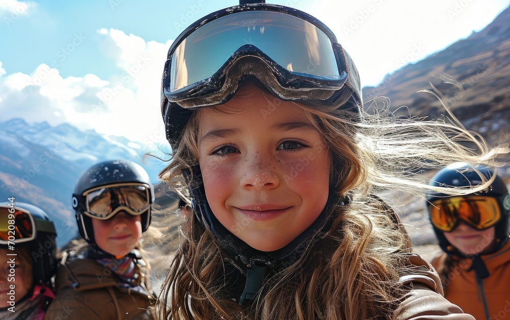 girl skier with friends with Ski goggles and Ski helmet on the snow mountain girl skier with friends with Ski goggles and Ski helmet on the snow mountain