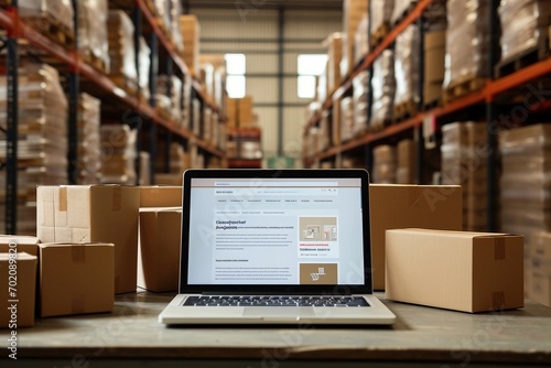 a laptop on a table in a warehouse