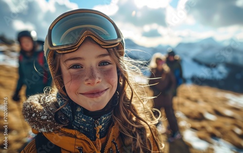 girl skier with friends with Ski goggles and Ski helmet on the snow mountain © hakule