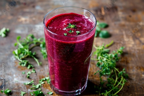 a glass of red smoothie with a sprig of herbs