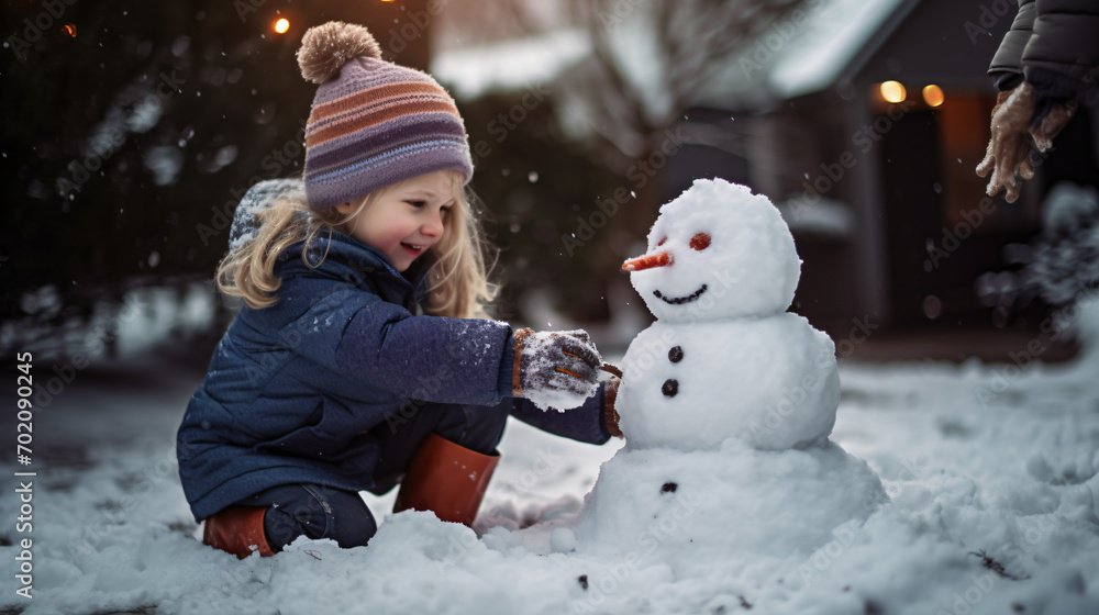Child building a snowman in backyard. Winter fun