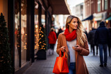 Blurred beautiful young woman with shopping bags in the city. Shopping concept.