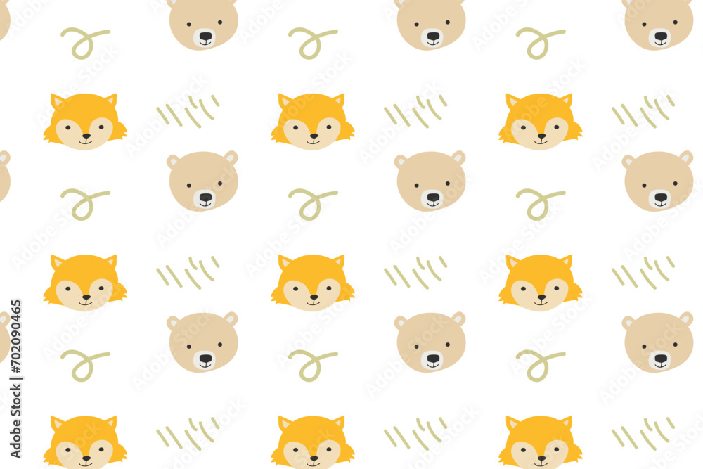 cute fox and bear animal background for nursery things. Vector illustration isolated. 