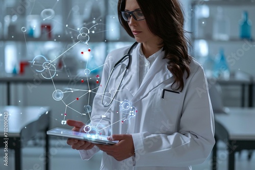 a woman in a lab coat using a tablet