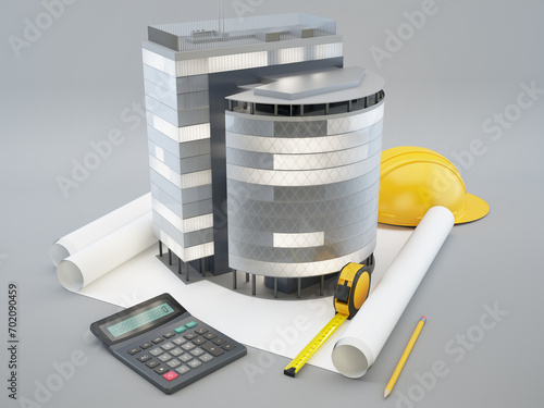 Skyscraper construction, plans and calculator. 3D illustration
