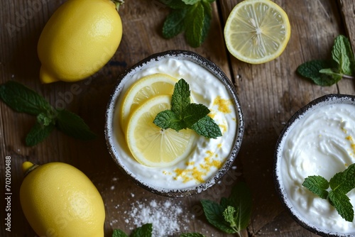 a bowl of whipped cream with lemon slices and mint leaves