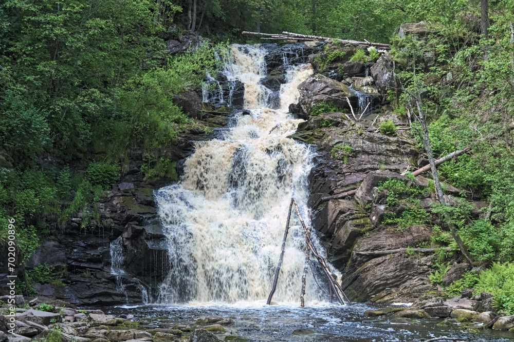 Jukankoski Waterfall on Kulismajoki river in the Pitkyarantsky District of the Republic of Karelia, Russia. It is also known as White Bridges waterfall.