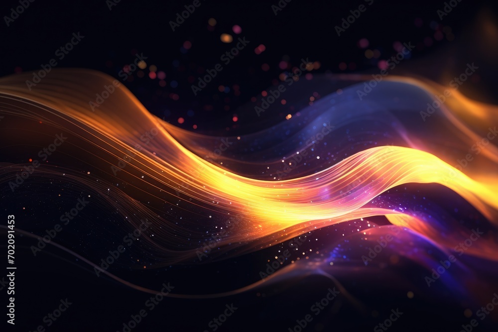 Abstract neon multicolor particles background. Glowing bokeh waves and surface grid.