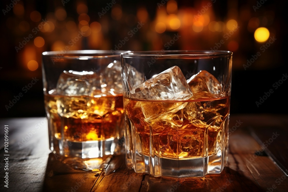 two glasses of alcohol with ice on a wooden surface