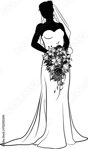 A woman bride in a bridal wedding dress in a silhouette