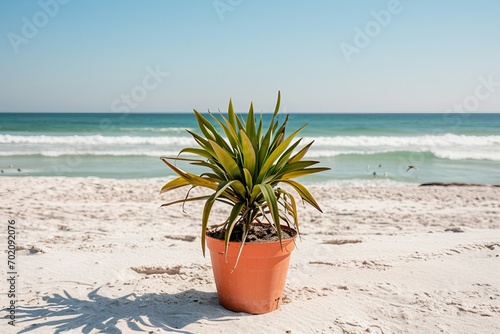 a potted plant on a beach