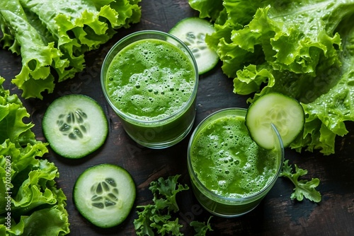 a green smoothie in glasses next to cucumbers and lettuce