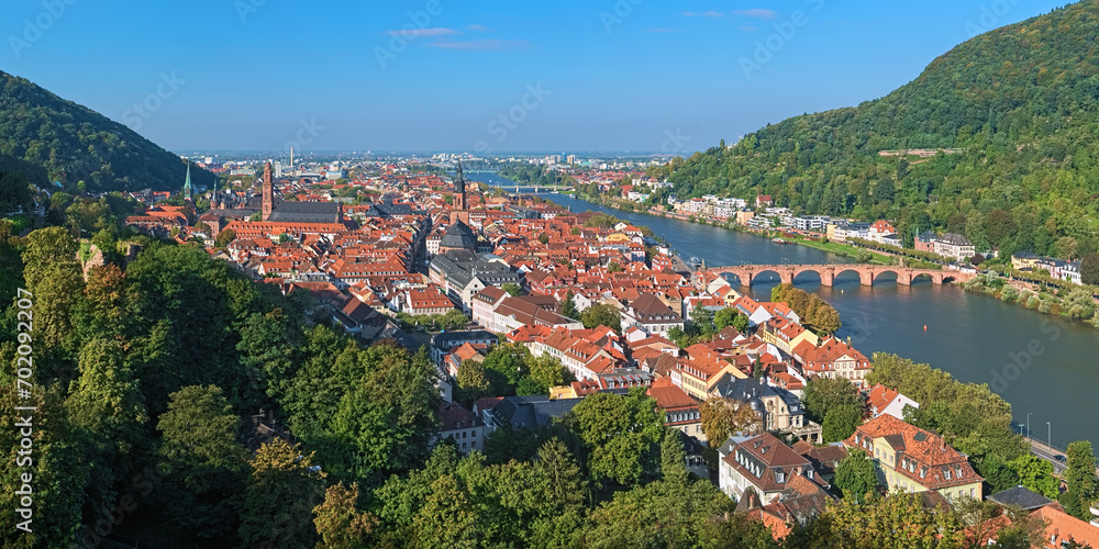 Heidelberg, Germany. High angle view over the Heidelberg Old Town with Jesuit Church, Church of the Holy Spirit and Old Bridge (Karl Theodor Bridge) across the Neckar river.