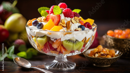 Colorful fruit salad in a glass bowl with different