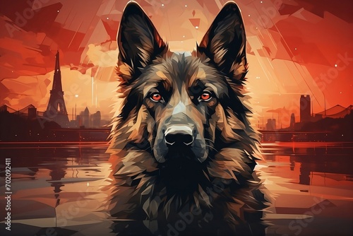 Striking 'ZANDAMOR' headline, a double exposure featuring a German Shepherd with a vivid London skyline at sunset, creating a captivating poster-style artwork. photo