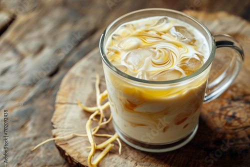 a glass cup of liquid with ice and liquid in it