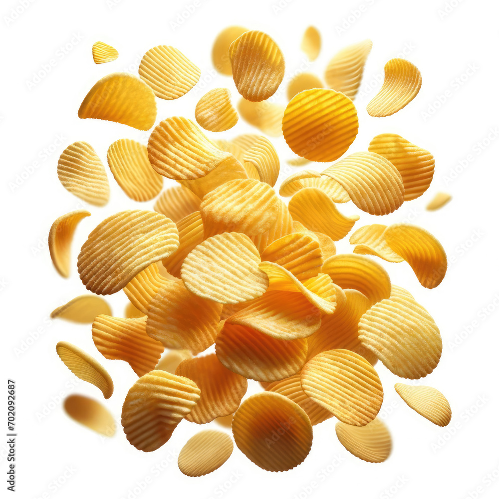 Hyper realistic potato chips floating in mid-air isolated on a white background Hyper realistic potato chips floating in mid-air isolated on a white background