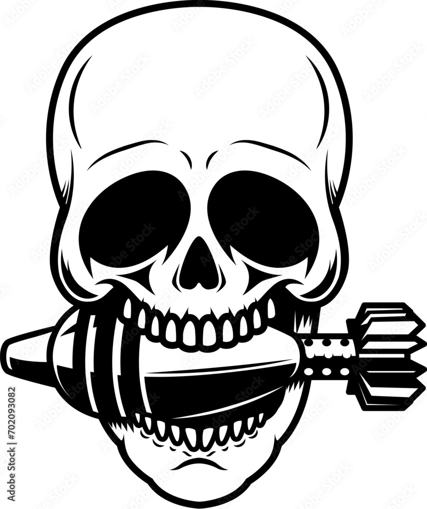 Illustration of a skull with mortar shell in his teeth. Design element for poster, emblem, sign, badge. Vector illustration Illustration of a skull with mortar shell in his teeth. Design element for poster, emblem, sign, badge. Vector illustration