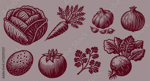 Engraving black vintage vegetable set on a white background: Cabbage, beet, onion, carrot, garlic, parsley, potatoes, tomato. For borscht	