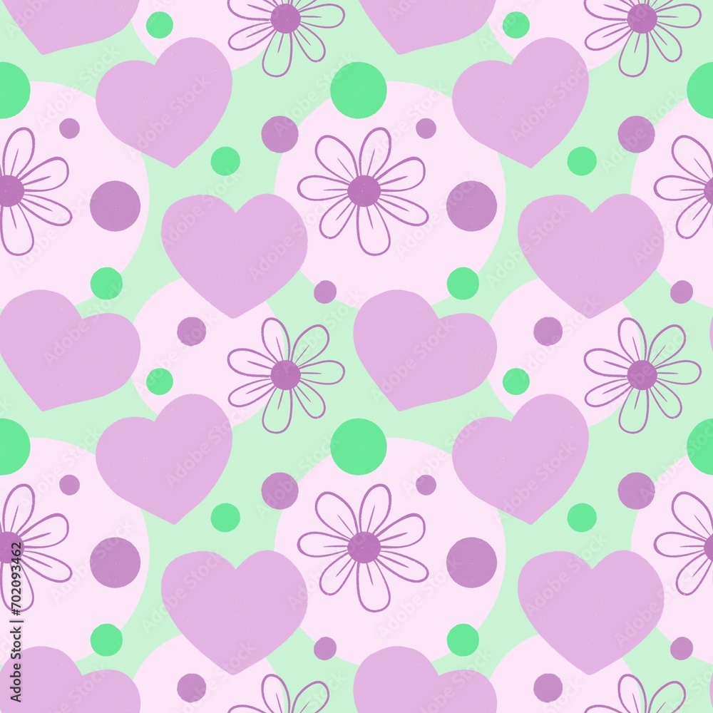 Abstract seamless pattern with hearts and flowers.