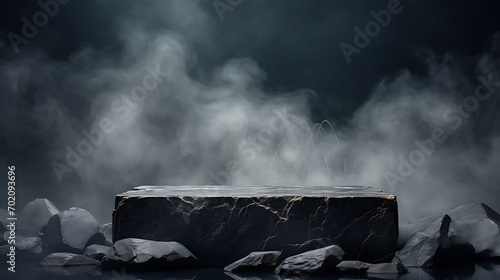 Abstract minimal concept. Dark background with natural granite stones podium on water and smoke surrounding. Mock up template for product ,