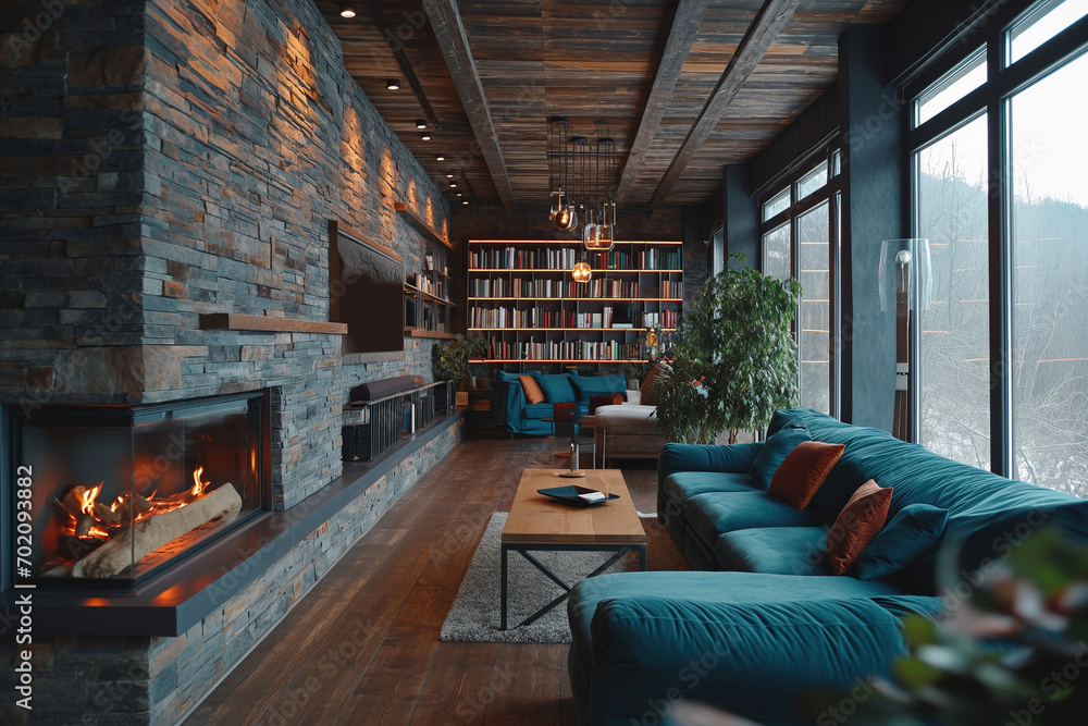 Stylish interior of a modern living room with large windows, sofa and fireplace. Loft style, Scandinavian interior. Concept decorator and interior designer.
cozy home.