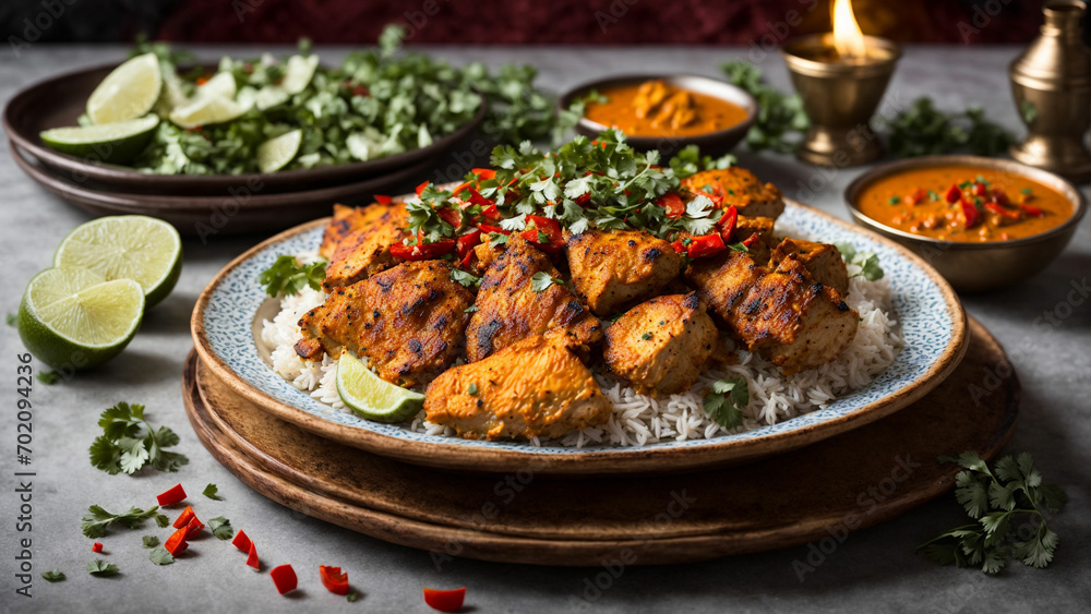 Indian cuisine with a plate piled with succulent chicken tandoori. The dish should be beautifully arranged on a white background, showcasing its vibrant colors and tempting textures.