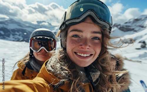 girl skier with friends with Ski goggles and Ski helmet on the snow mountain © hakule