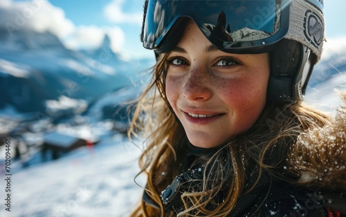 girl skier with friends with Ski goggles and Ski helmet on the snow mountain © hakule